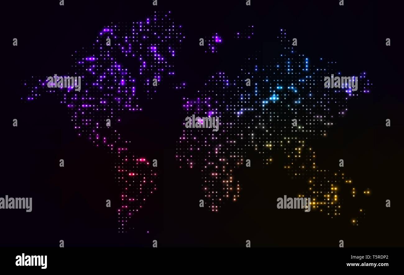 Global big data analysis visualized as glowing dotted world map. Worldwide spreading of