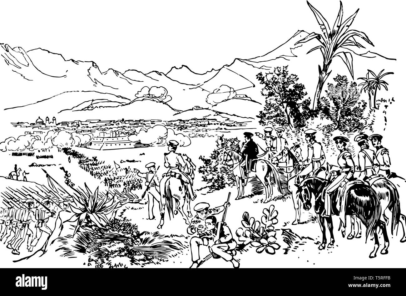 General taylor was leading soilders in the attack on northeren mexico city in the monterery in American-Mexican war vintage line drawing. Stock Vector
