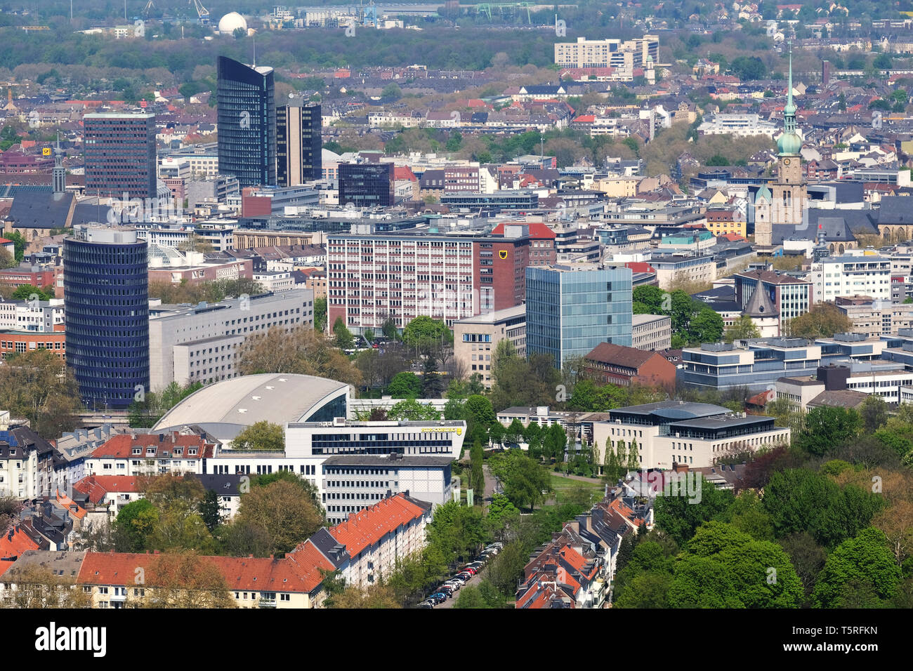 View of the city center of Dortmund with RWE-tower, St. Reinoldi church and St. Peter's Church (Petrikirche). Dortmund, Germany Stock Photo