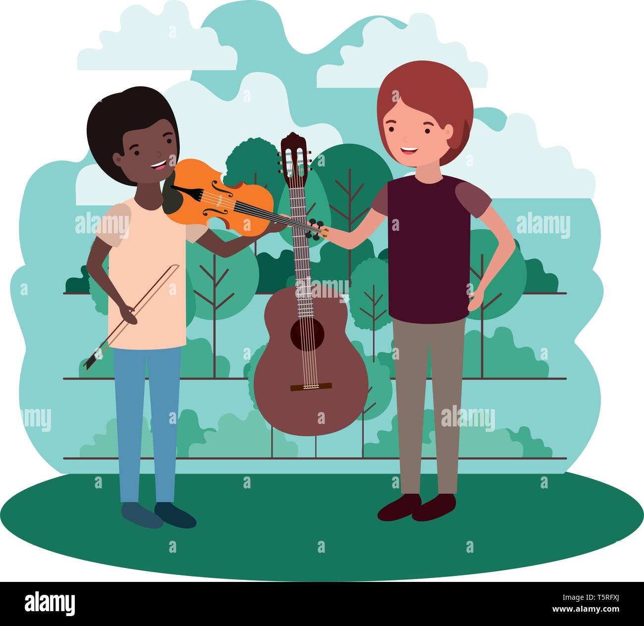 Men With Musical Instruments In Landscape Stock Vector Image & Art - Alamy