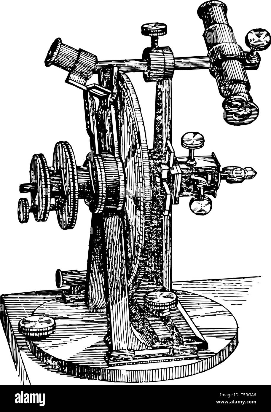 A picture showing Reflection Goniometer. An instrument to measure solid angles, or the inclination of the planes, particularly the angles formed by th Stock Vector
