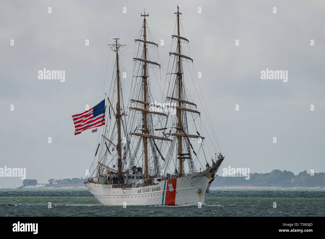 The United States Coast Guard training cutter USCGC Eagle in The Solent approaching Portsmouth, UK on the 26th April 2019, for a courtesy visit. Stock Photo