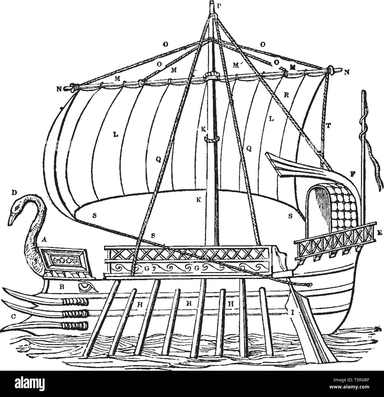 Navis which is a Greek ship, vintage line drawing or engraving illustration. Stock Vector