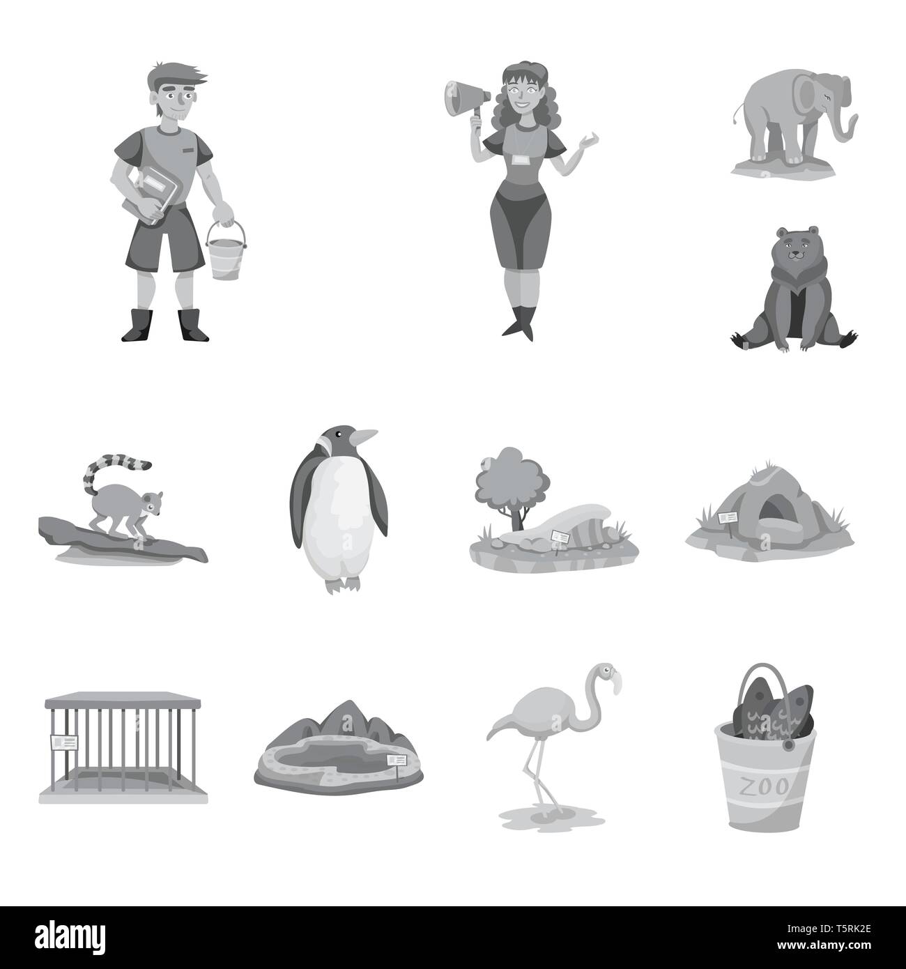 zookeeper,elephant,bear,lemur,penguin,trees,cave,cell,lake,flamingo,bucket,man,woman,cute,brown,monkey,white,sand,empty,pool,pink,fish,utensil,jungle,big,sloth,christmas,landscape,zoo,park,safari,animal,nature,fun,fauna,entertainment,forest,flora,set,vector,icon,illustration,isolated,collection,design,element,graphic,sign,mono,gray Vector Vectors , Stock Vector