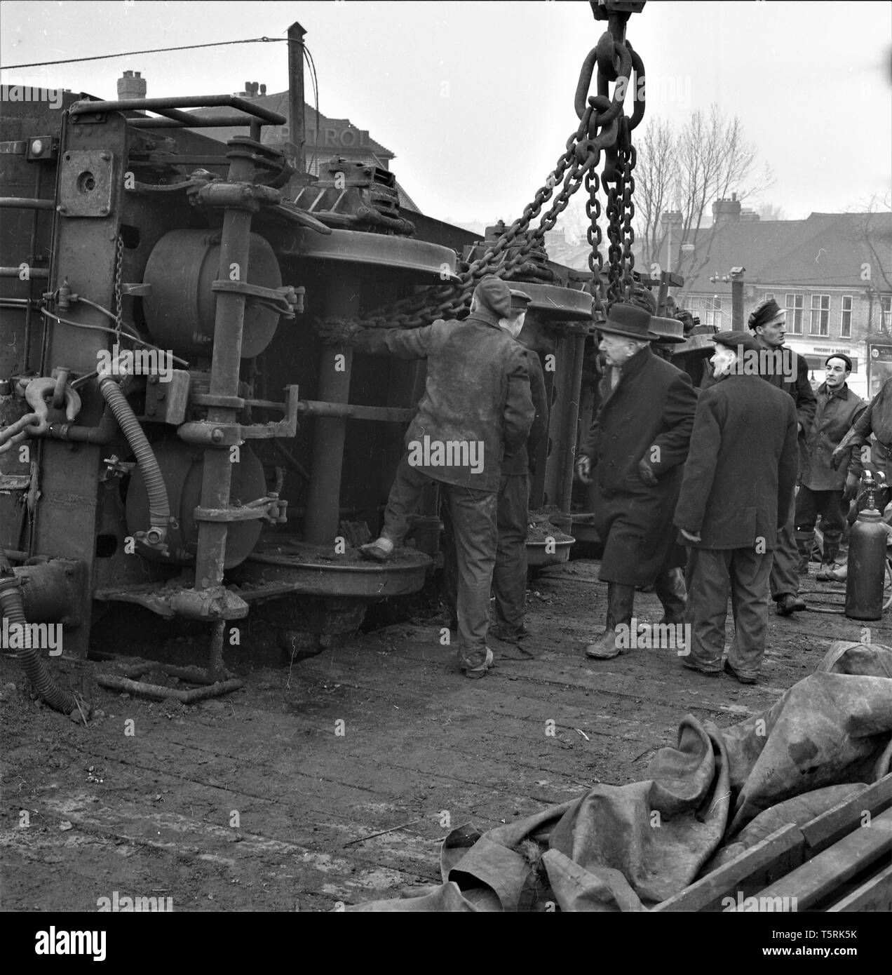 5th November 1967. Hither Green Train Crash. On the busy Sunday evening service from Hastings to Charing Cross Station, London the train derailed and crashed near Hither Green Depot, killing 49 people and injuring 78. Stock Photo