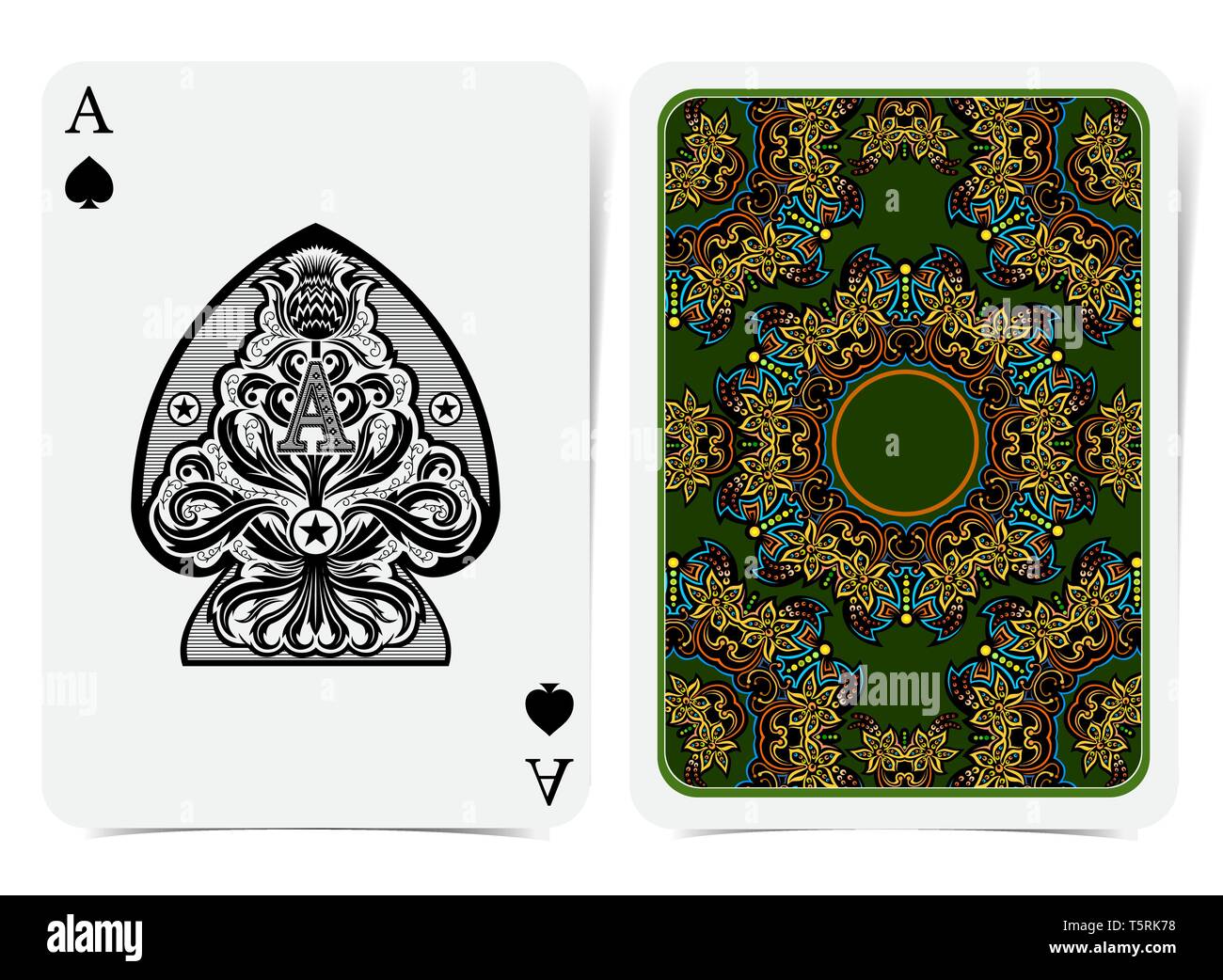 Ace of spades face with thistle plant pattern and back with golden floral pattern on green suit. Vector card template Stock Vector