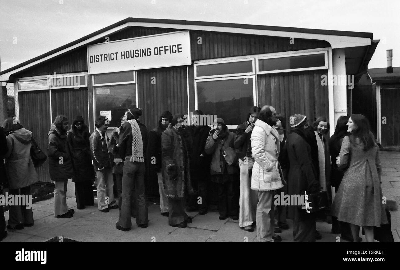Queues of people outside the Social Housing Office in Harrow Manor Way, Abbey Wood, Greenwich, London in 1976. Stock Photo
