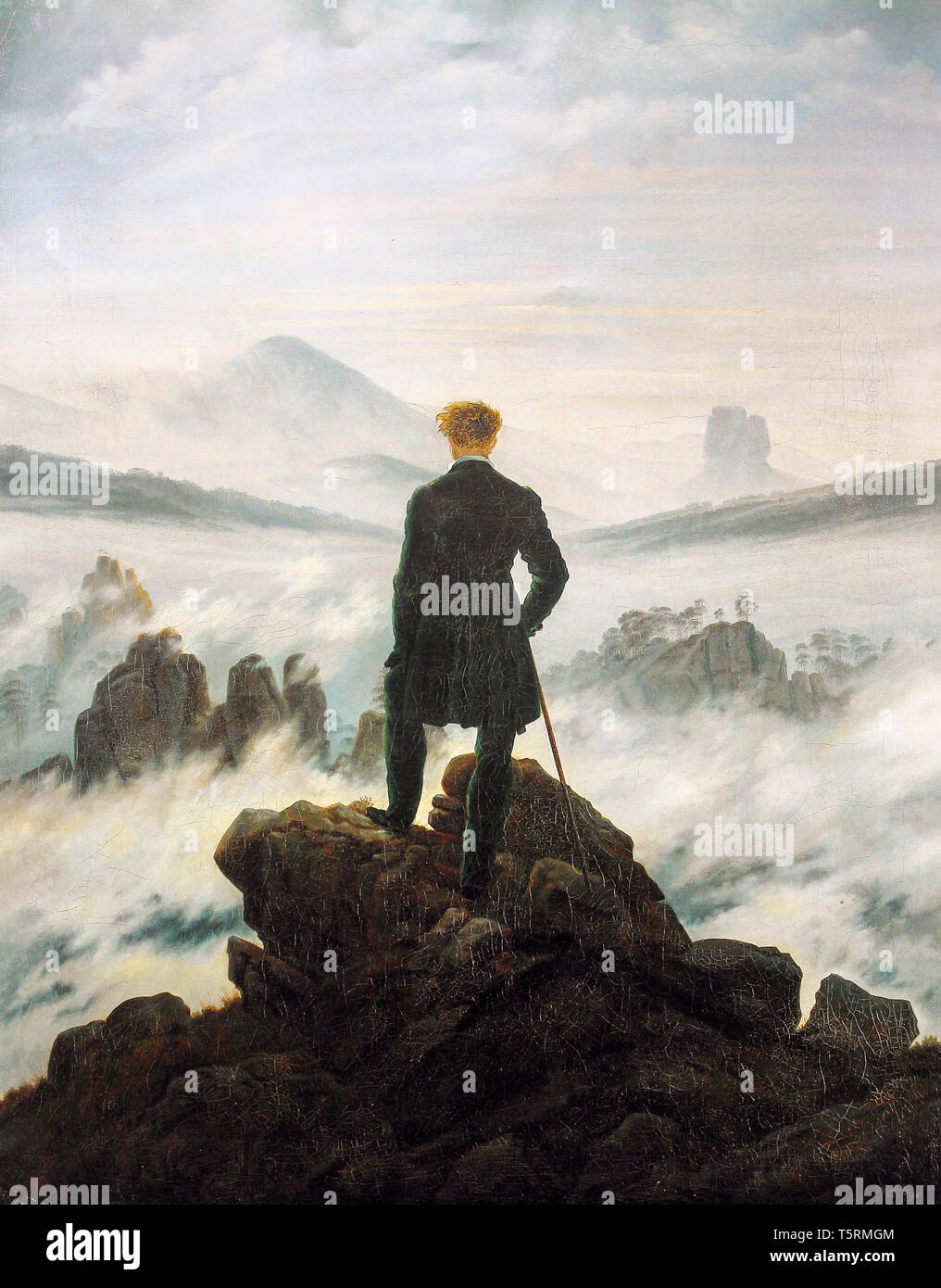 Caspar David Friedrich, Wanderer above the Sea of Fog, Romanticism painting, circa 1817 Stock Photo