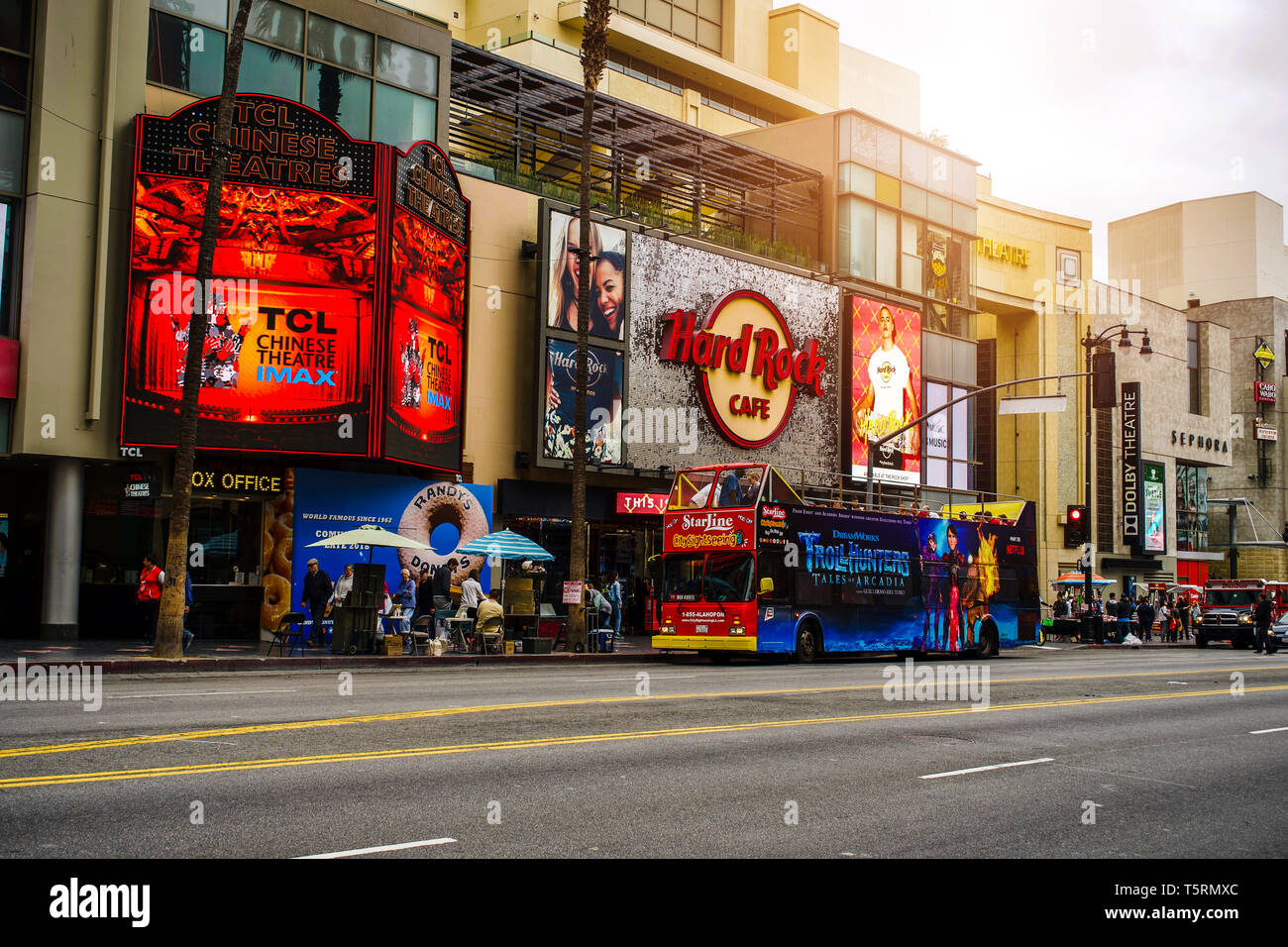 LOS ANGELES, USA - MAY 21, 2018: Doubledecker on Hollywood Boulevard, Hard Rock Cafe building Stock Photo
