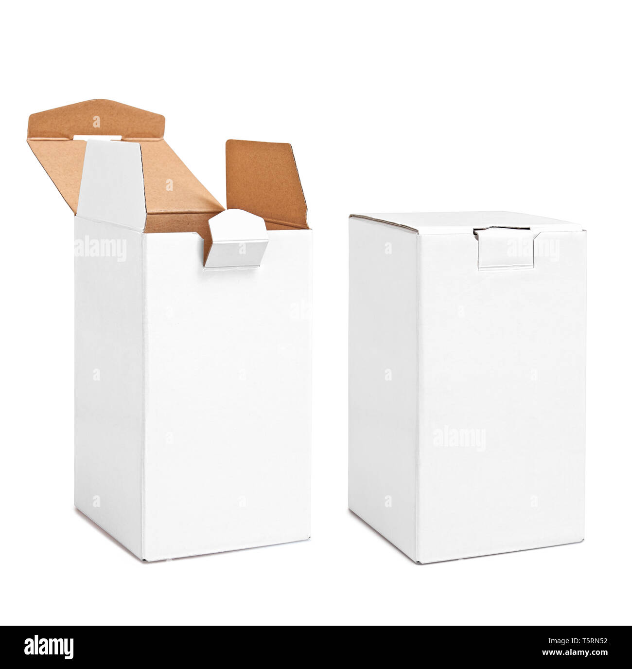 Real Vertical blank carton boxes opened and closed isolated on white