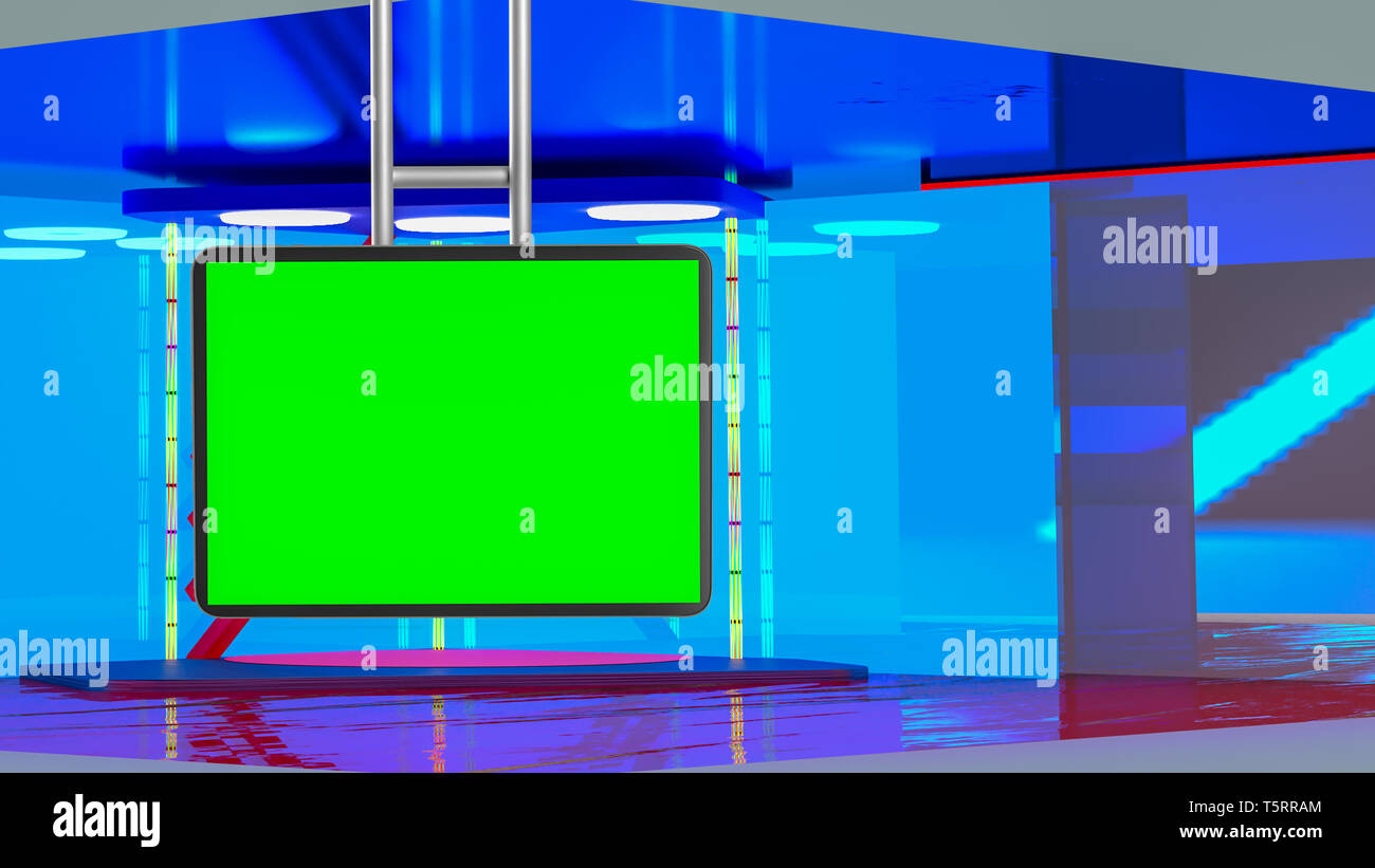 Virtual Tv News Broadcast Studio Set Background With Suspended Greenscreen Stock Photo Alamy