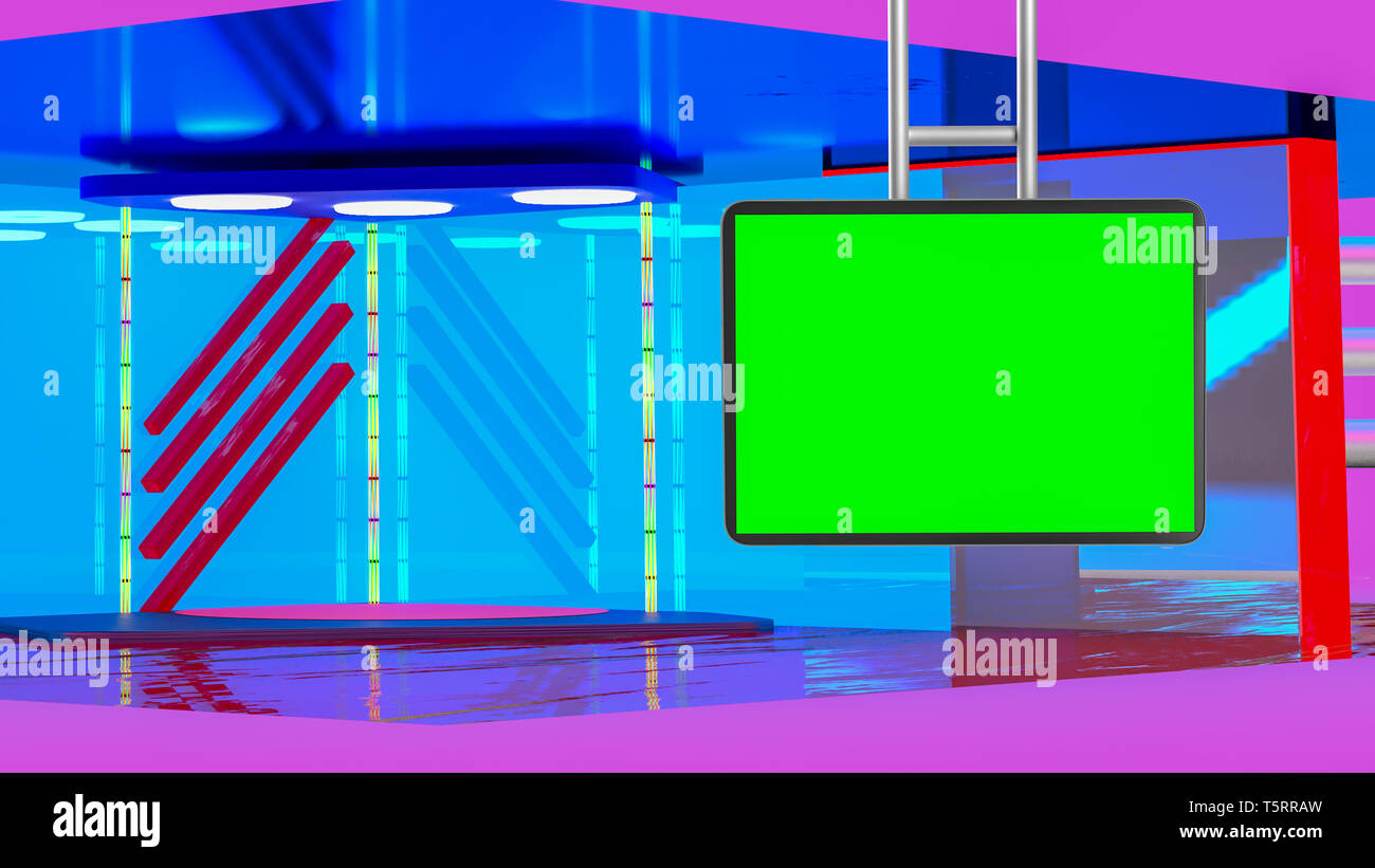 Virtual Tv News Broadcast Studio Set Background With Suspended Greenscreen Stock Photo Alamy