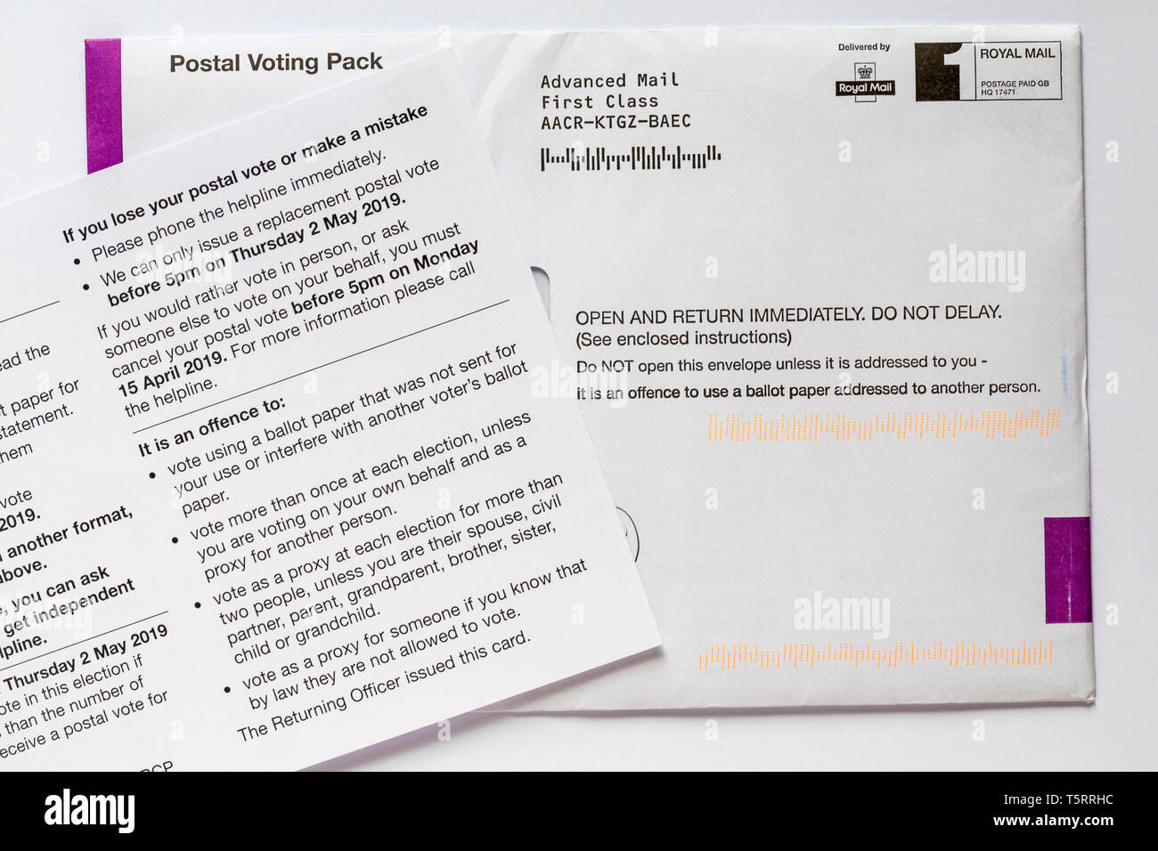 Postal Voting pack and Poll card for local elections 2019 in UK Stock Photo