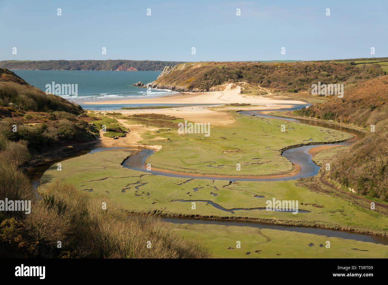 View over river valley to the Three Cliffs Bay from Pennard Castle, Gower Peninsula, Swansea, West Glamorgan, Wales, United Kingdom, Europe Stock Photo