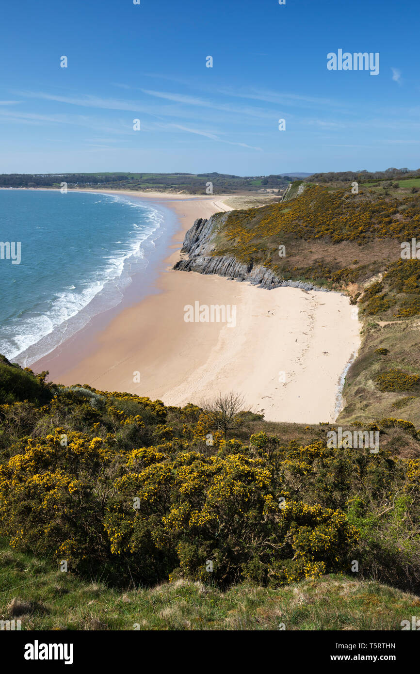 View over Tor Bay and Oxwich Bay beaches from the Great Tor, Gower Peninsula, Swansea, West Glamorgan, Wales, United Kingdom, Europe Stock Photo