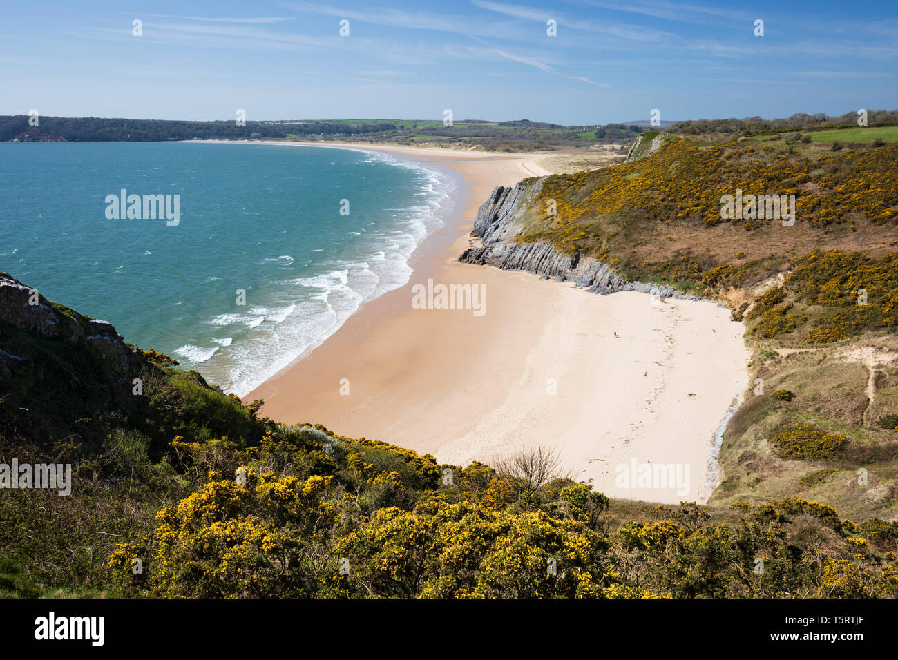View over Tor Bay and Oxwich Bay beaches from the Great Tor, Gower Peninsula, Swansea, West Glamorgan, Wales, United Kingdom, Europe Stock Photo