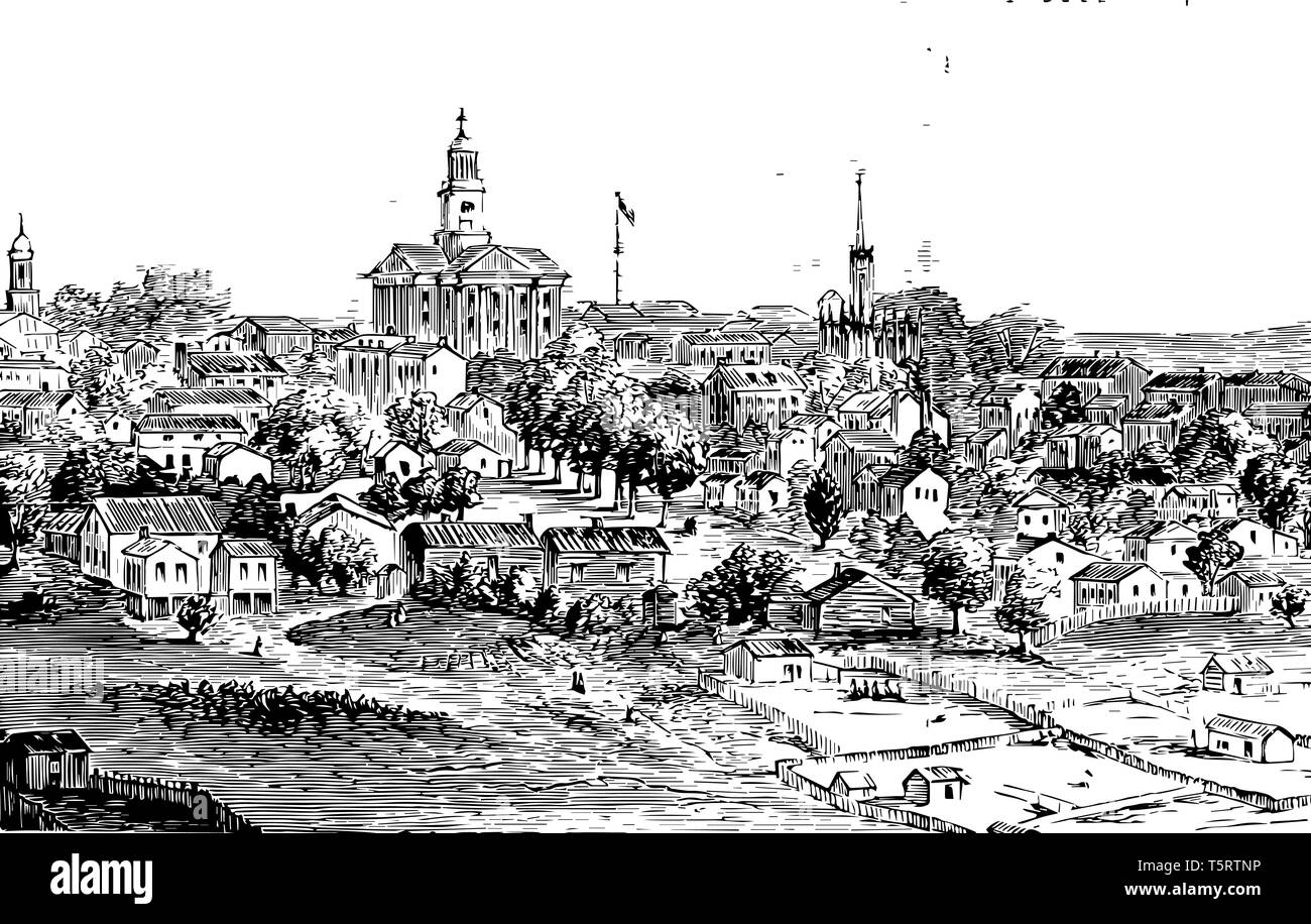 Vicksburg during the American civil war 1863 at wareen county, Mississippi, US vintage line drawing. Stock Vector