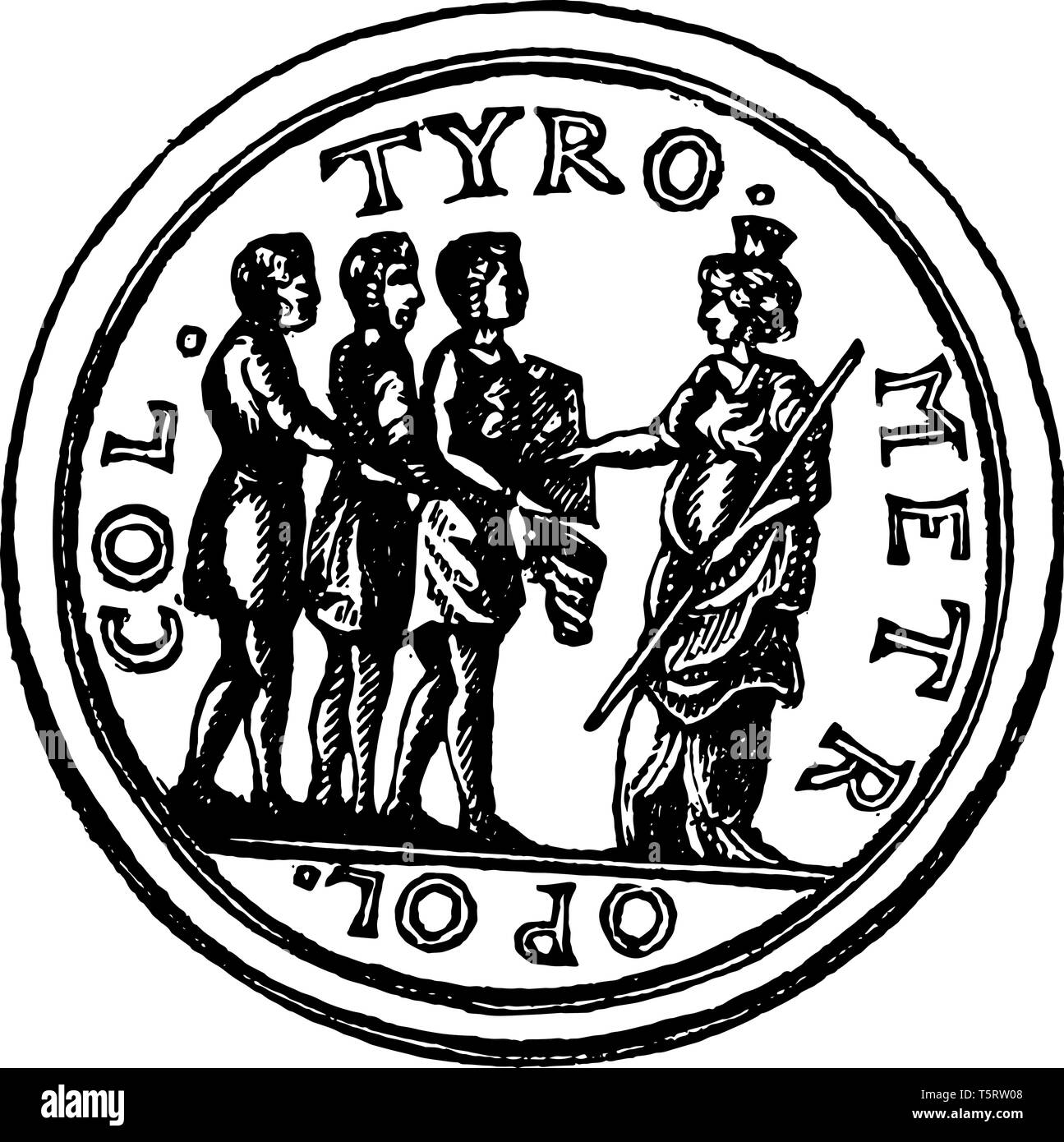 This image shows the tire medal. There are 4 people on the surface of the medal. It seems that a person is giving instructions to 3 other people, vint Stock Vector