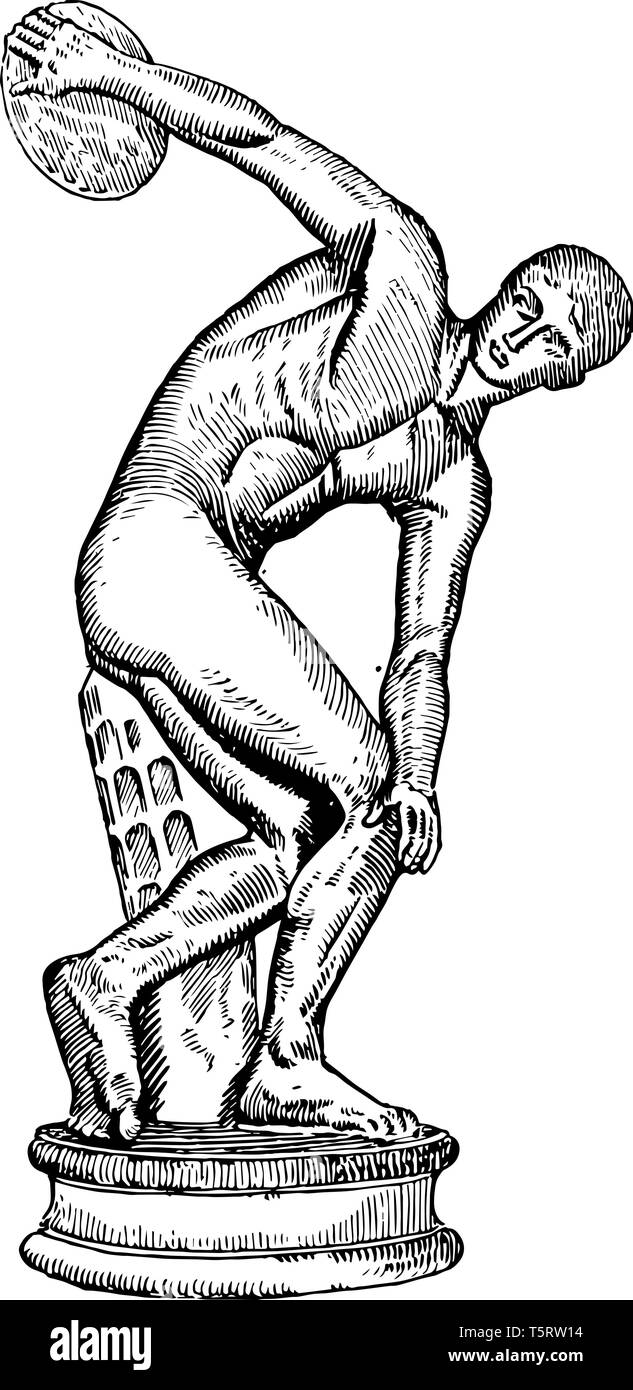 The Discus Thrower is a bronze statue, vintage line drawing or