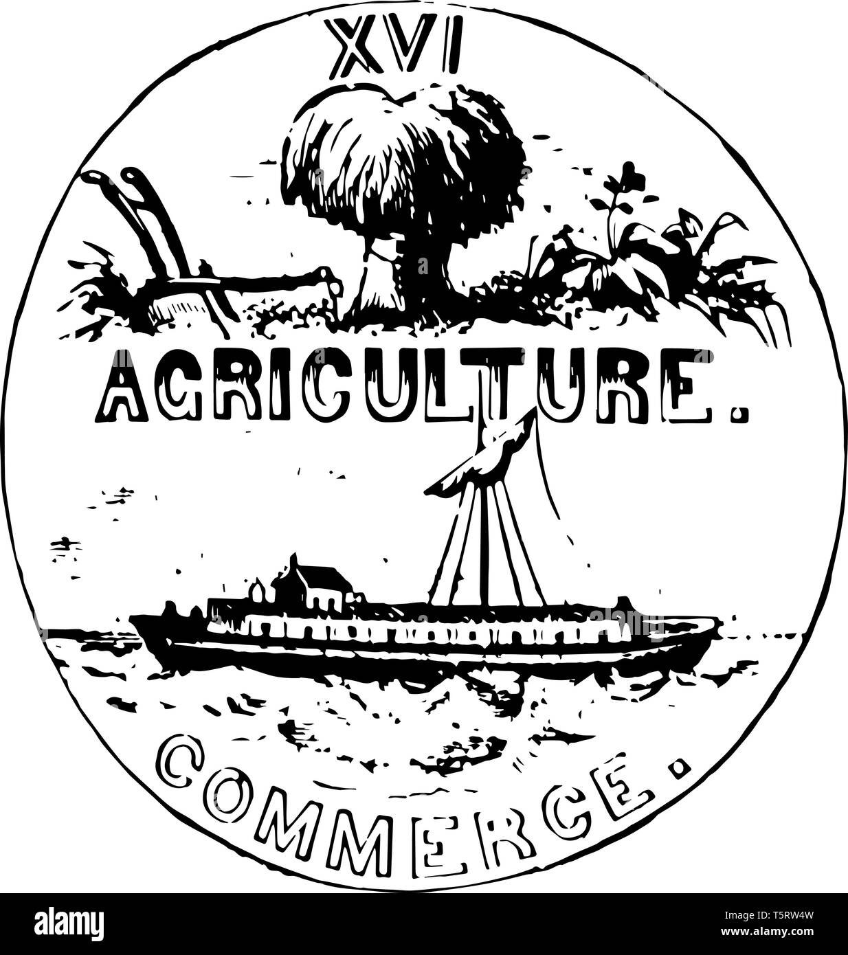 Image of Tennessee seal showing a plow, bundle of wheat, cotton plant and the word Agriculture written below vintage line drawing. Stock Vector