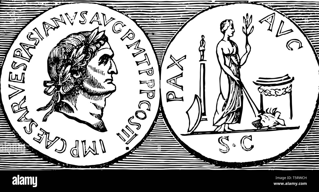 This is the image of the medal. On the other side of the portrait of the Vespasian medal. Another side of the medal shows a figure, vintage line drawi Stock Vector