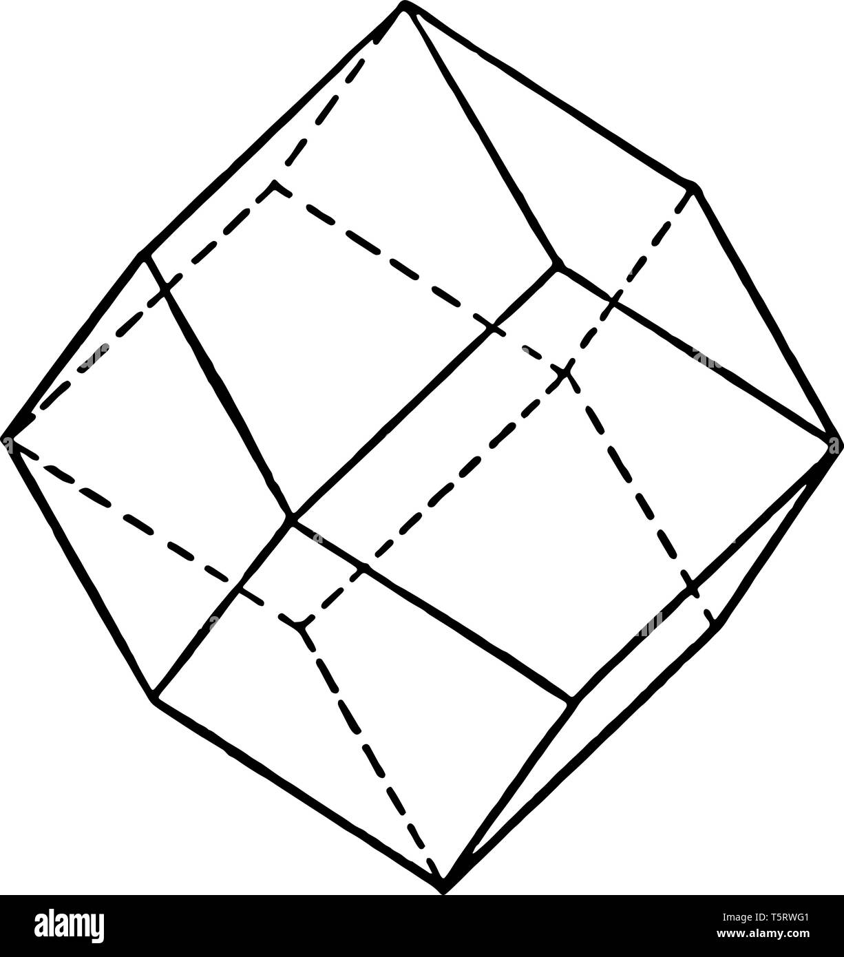 Dodecahedron is a three-dimensional shape that produces 12 flat faces. There are many different types of dodecahedra, vintage line drawing or engravin Stock Vector