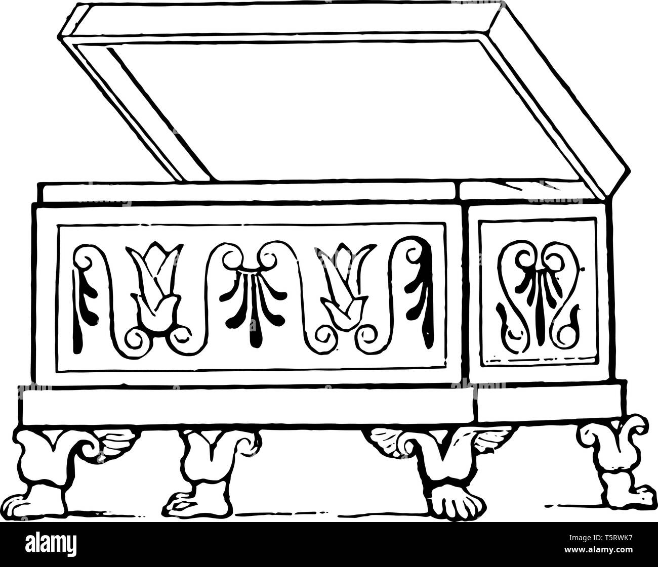 A wooden design box used to store things, vintage line drawing or