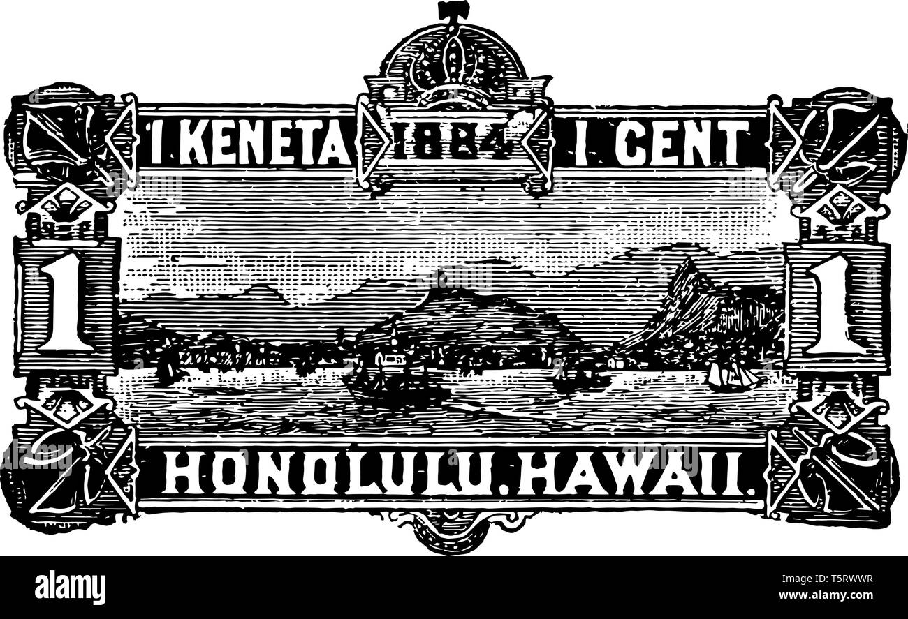 Hawaiian island envelope 1884, contains pics of kings and queens of the island with Hawaiian written on the top and one cent written on the bottom vin Stock Vector