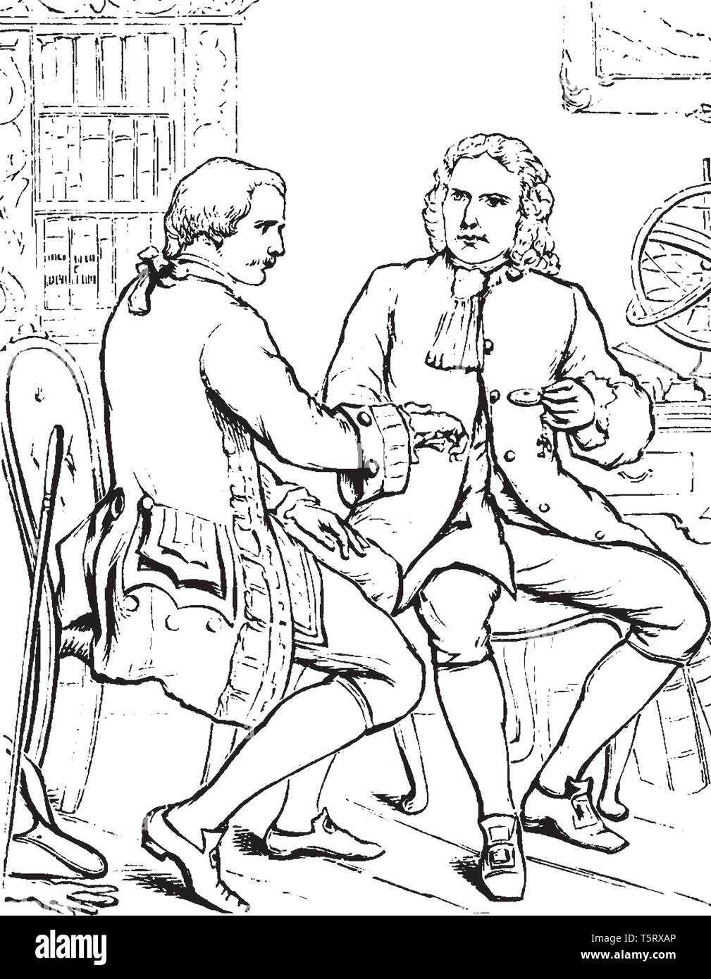 A man checking pulse of another man, vintage line drawing or engraving ...