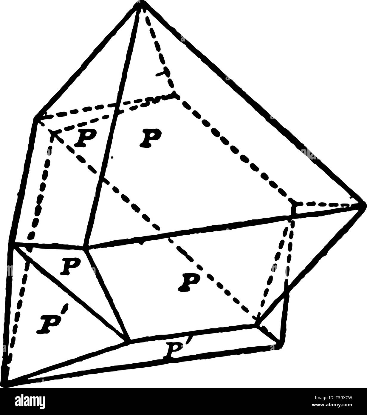 A diagram of Spinel-Twin. A twin spinel is octahedron twinned on an octahedral face it has the two symmetrical parts with a plane parallel to this fac Stock Vector