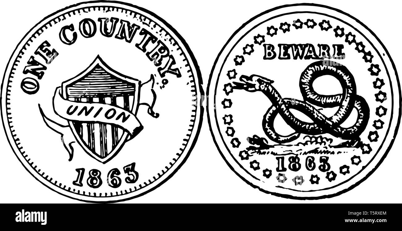 A picture showing a war Token 1865. The center on coin There are a snake  and 