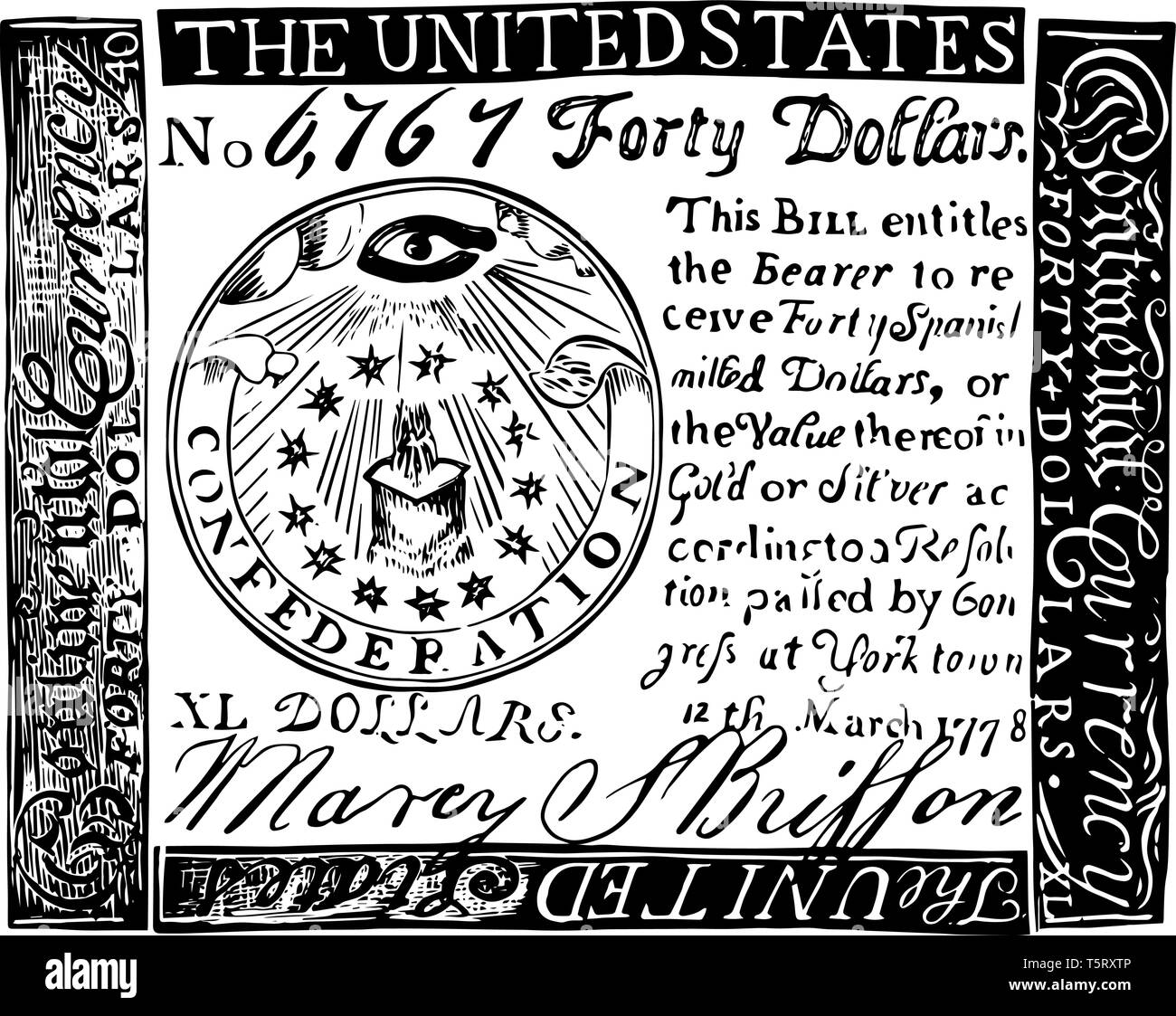 This is an image of Facsimile of Counterfeit Continental Bill. Paper currency issued by after the Revolutionary War began in 1775, vintage line drawin Stock Vector