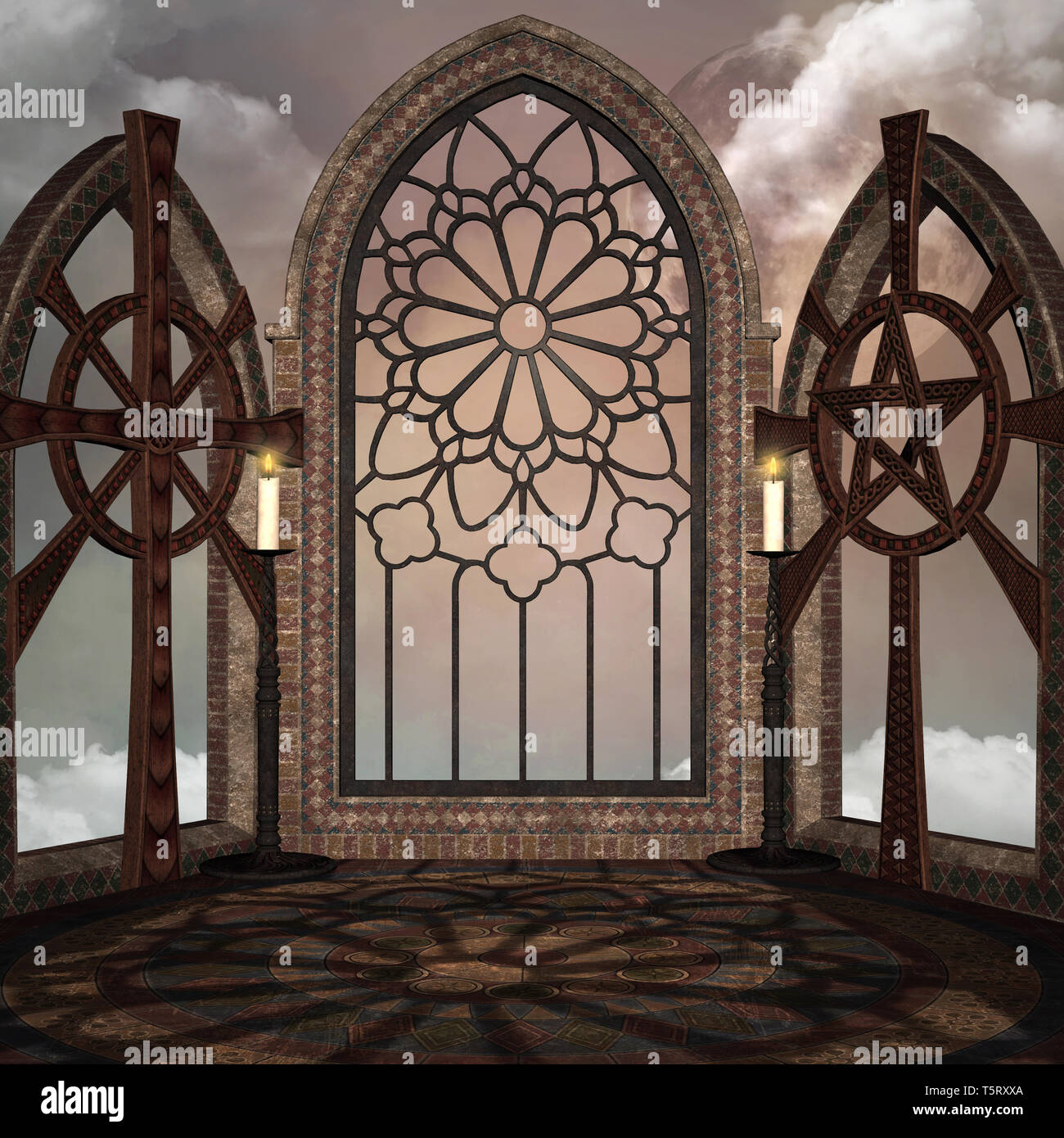 Ancient gate with pagan symbols Stock Photo