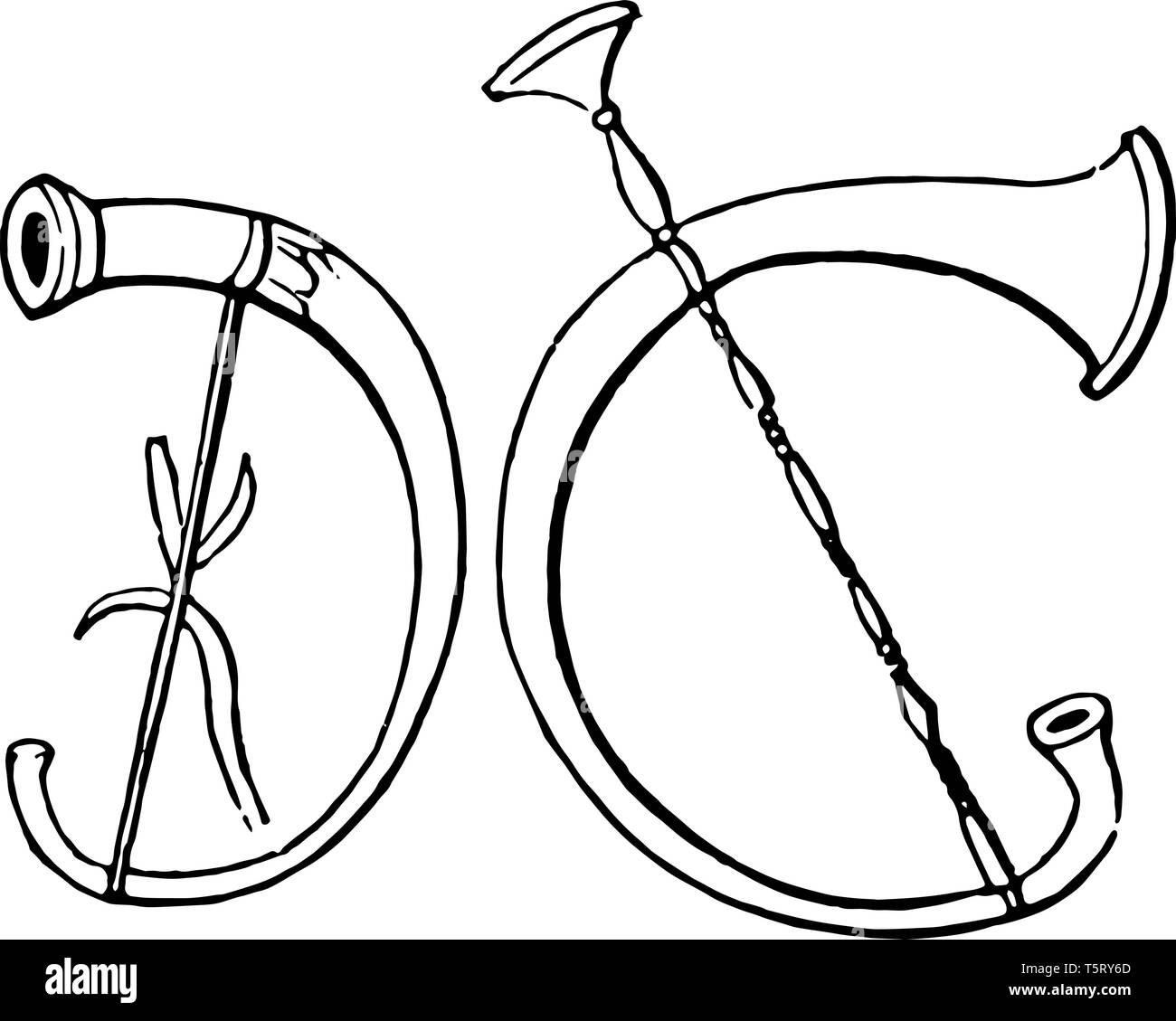 Cornu is an ancient wind instrument, vintage line drawing or engraving ...