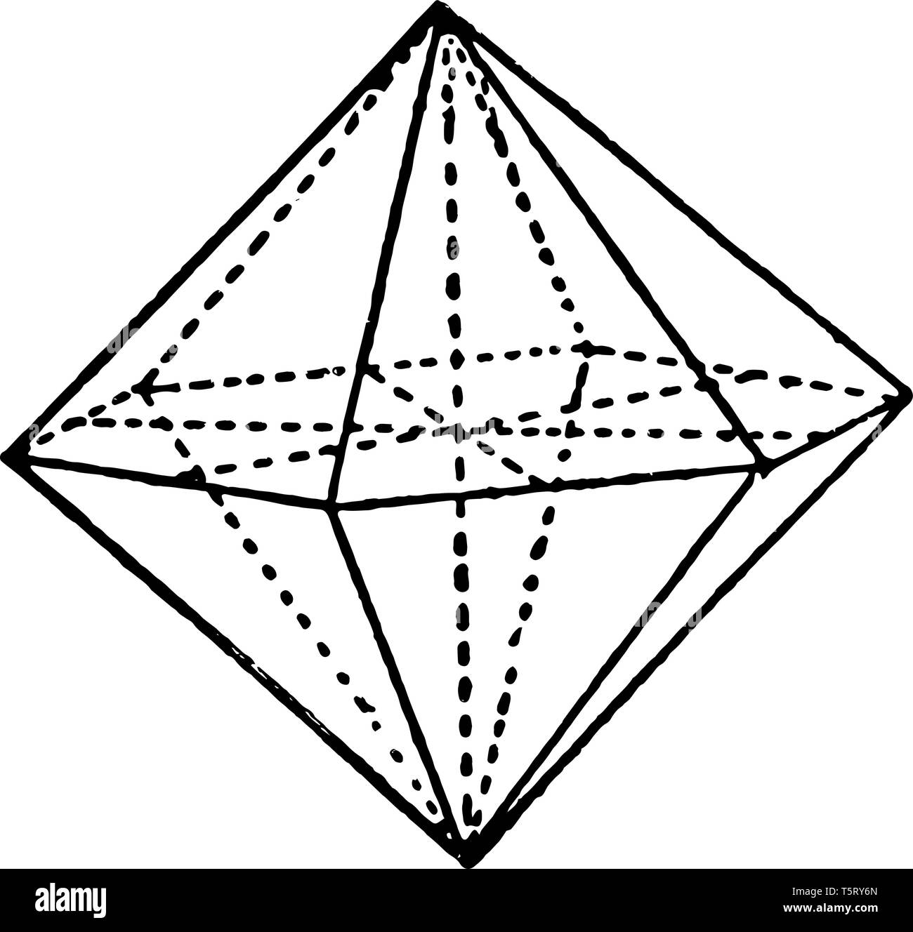 A hexagonal pyramid is a triangular pyramid with a hexagonal face. Both attach pyramid base, vintage line drawing or engraving illustration. Stock Vector