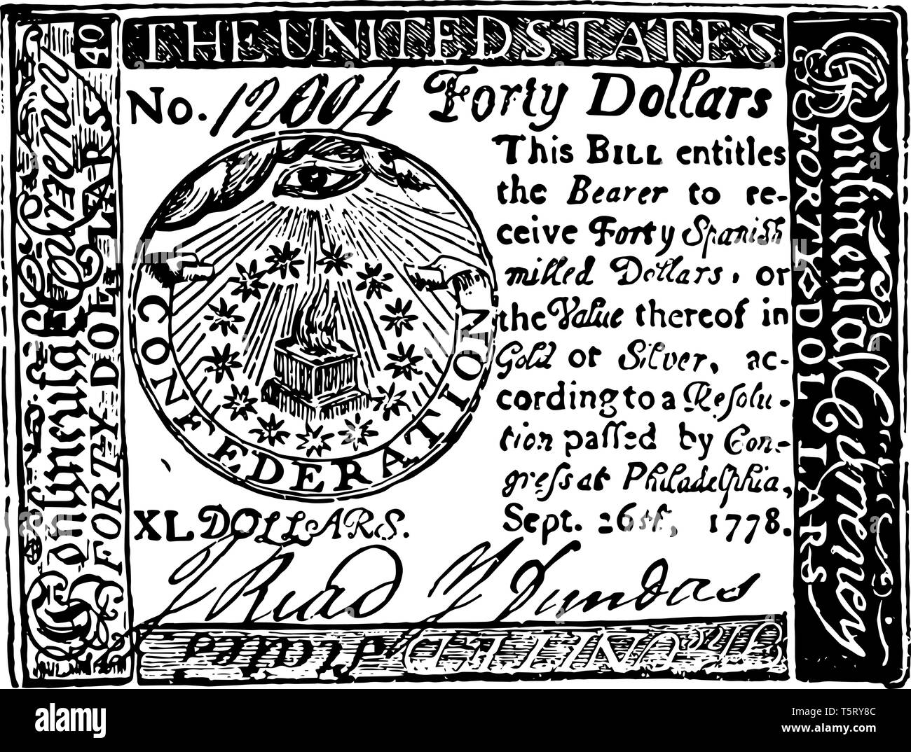 This bill of 40 dollars is a continental paper bill. This was in use during the revolution, vintage line drawing or engraving illustration. Stock Vector