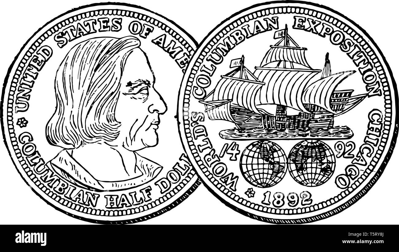 A picture is showing Silver Columbian Half Dollar, 1892. Obverse has the image of Columbus which is right-facing and reverse shows caravel above two h Stock Vector