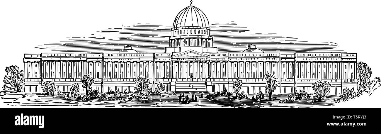 Capitol building covers 1.5 million square feet, 600 rooms and miles of corridors vintage line drawing. Stock Vector