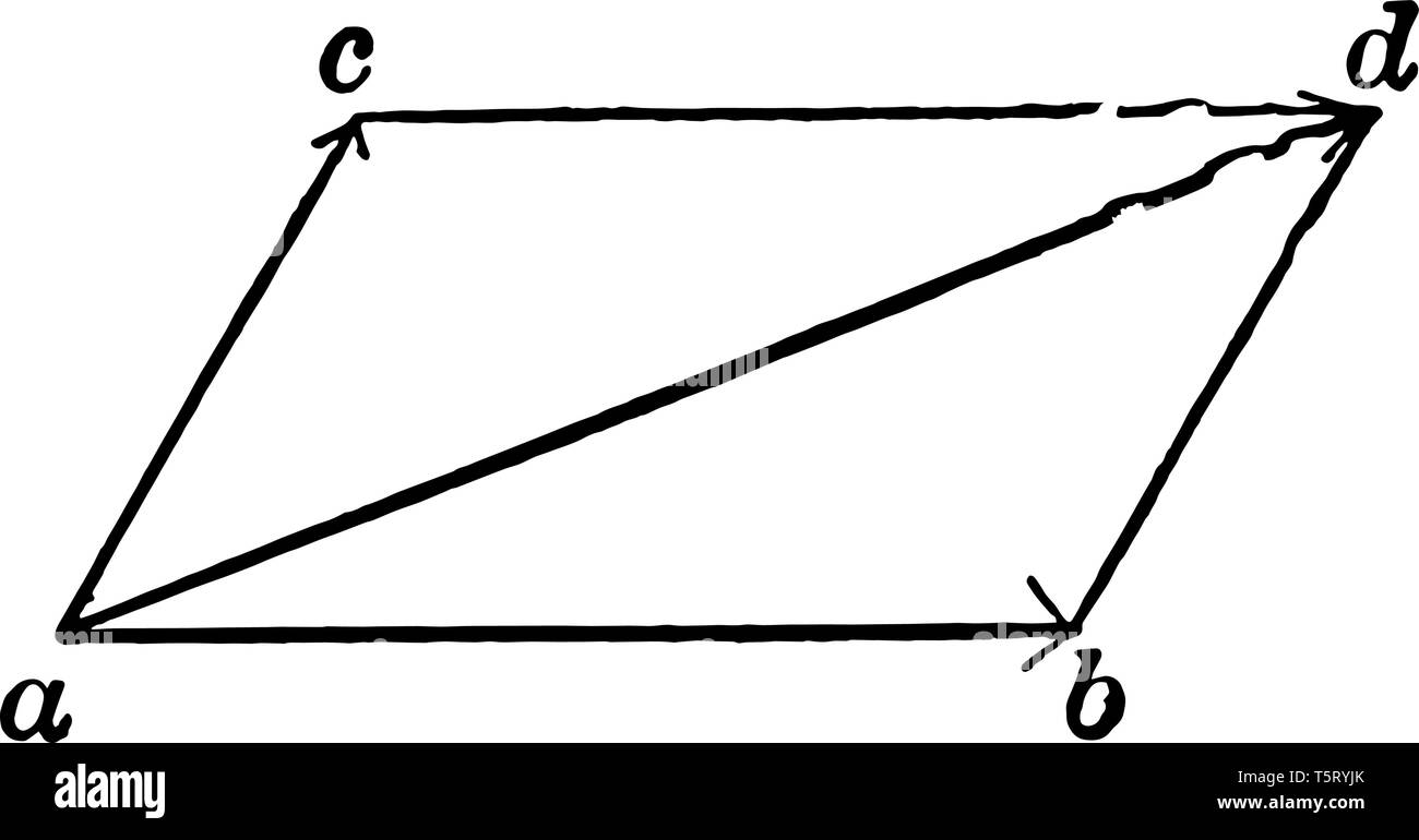 The image shows the addition of the vector. There is a CAB angle that has a bisector angle AD that forms a parallelogram, vintage line drawing or engr Stock Vector
