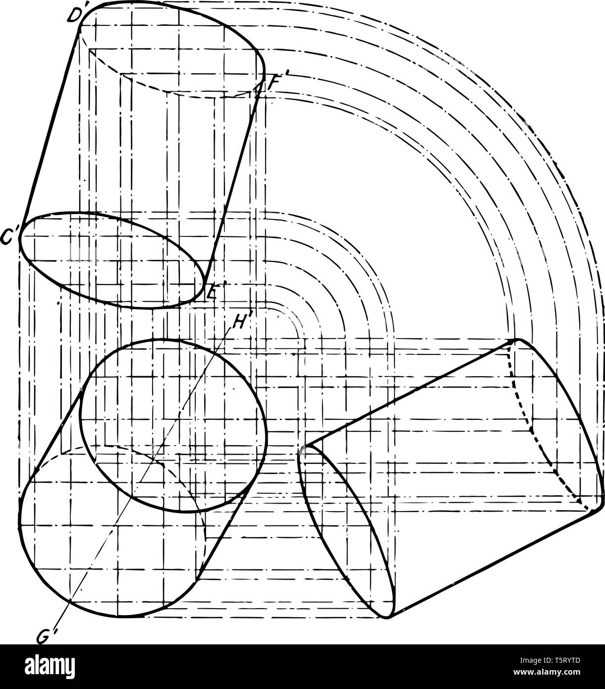 The image shows the three-axis plane Projection of the cylinder. It is a graphic layout of projections to build a cylinder from the base of the cylind Stock Vector
