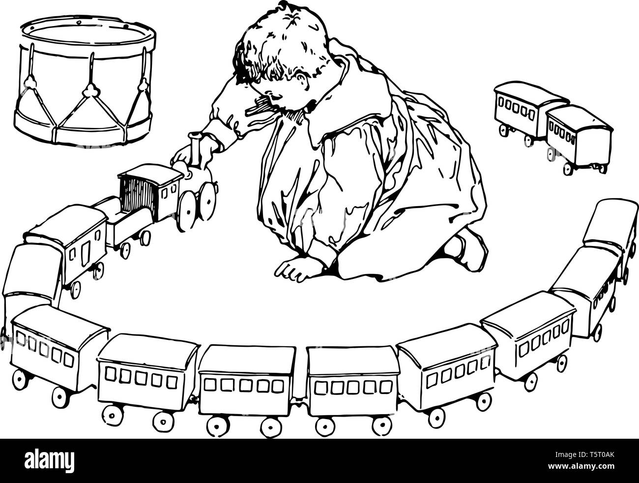 A child playing with his toy train and two blocks of train are not connected from behind, vintage line drawing or engraving illustration. Stock Vector