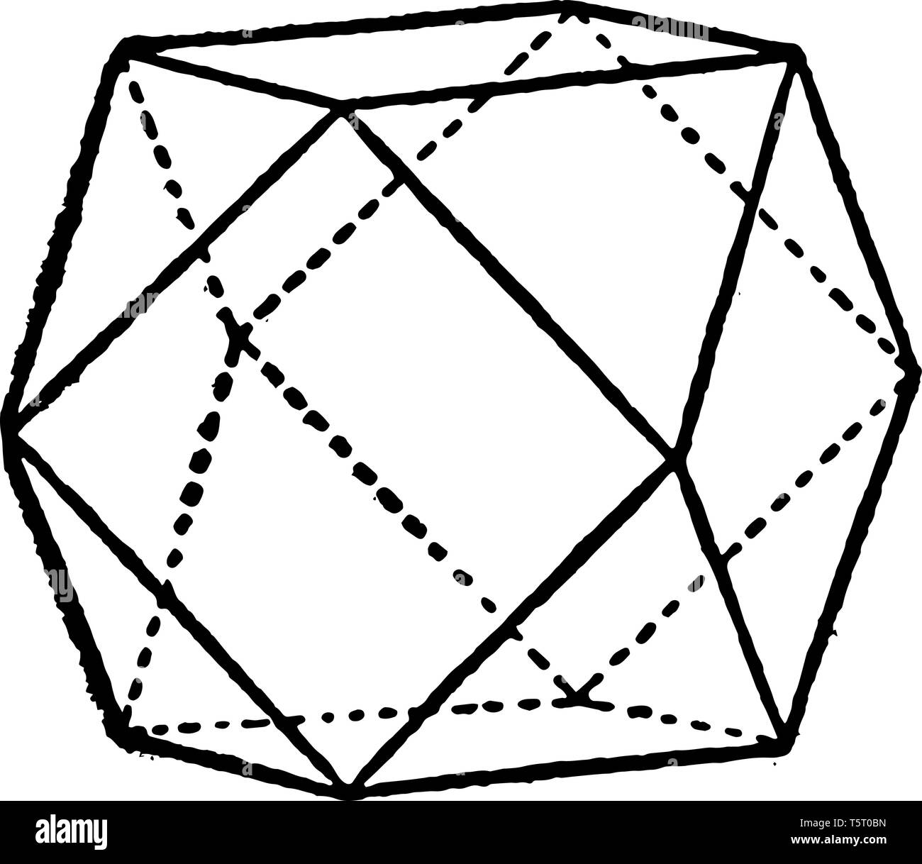 Figure sample has octahedral symmetry. It is composed of a Cube and its dual octahedron, vintage line drawing or engraving illustration. Stock Vector