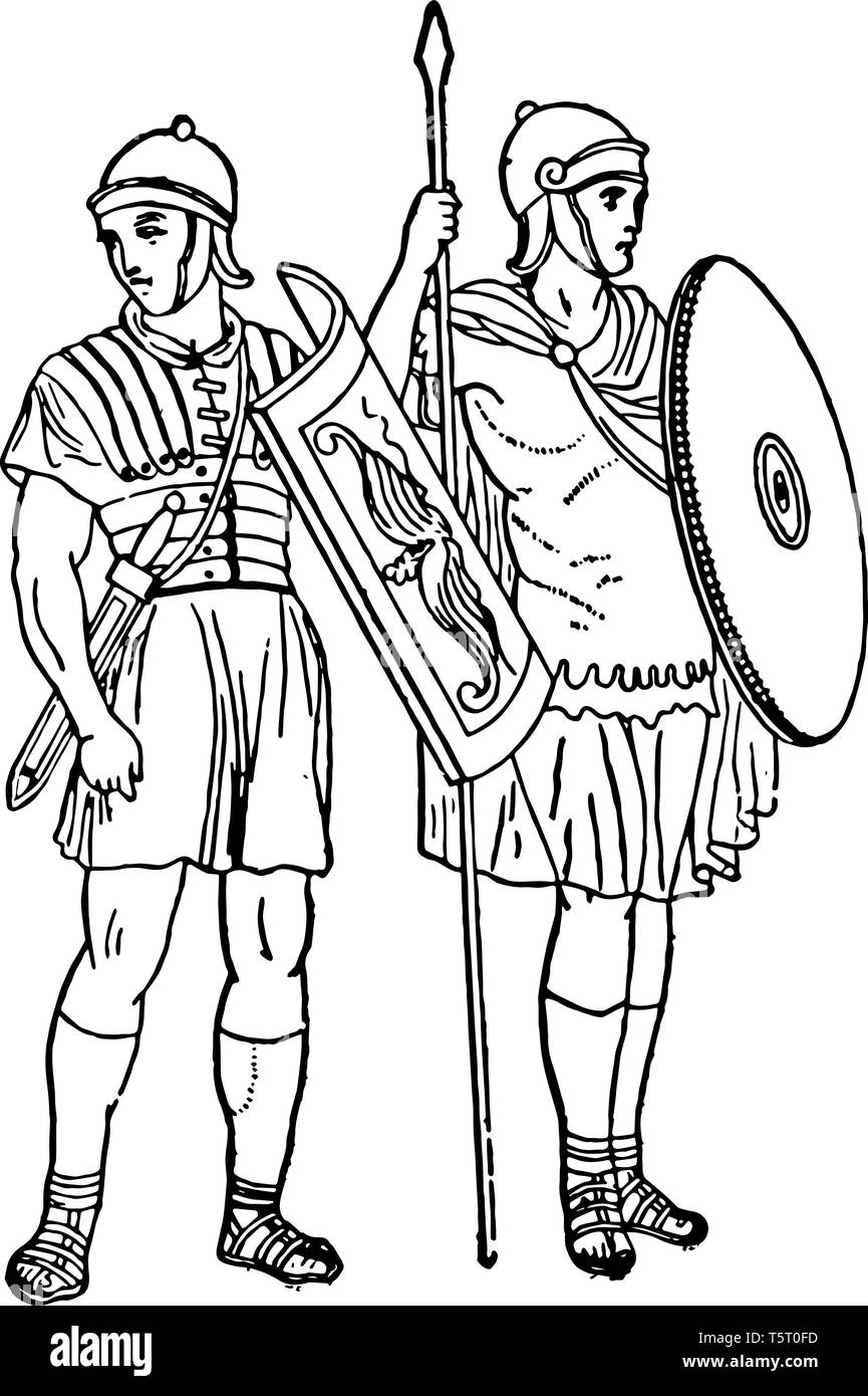 In this image there are two Roman soldiers. Roman soldier standing with spears and shields, vintage line drawing or engraving illustration. Stock Vector