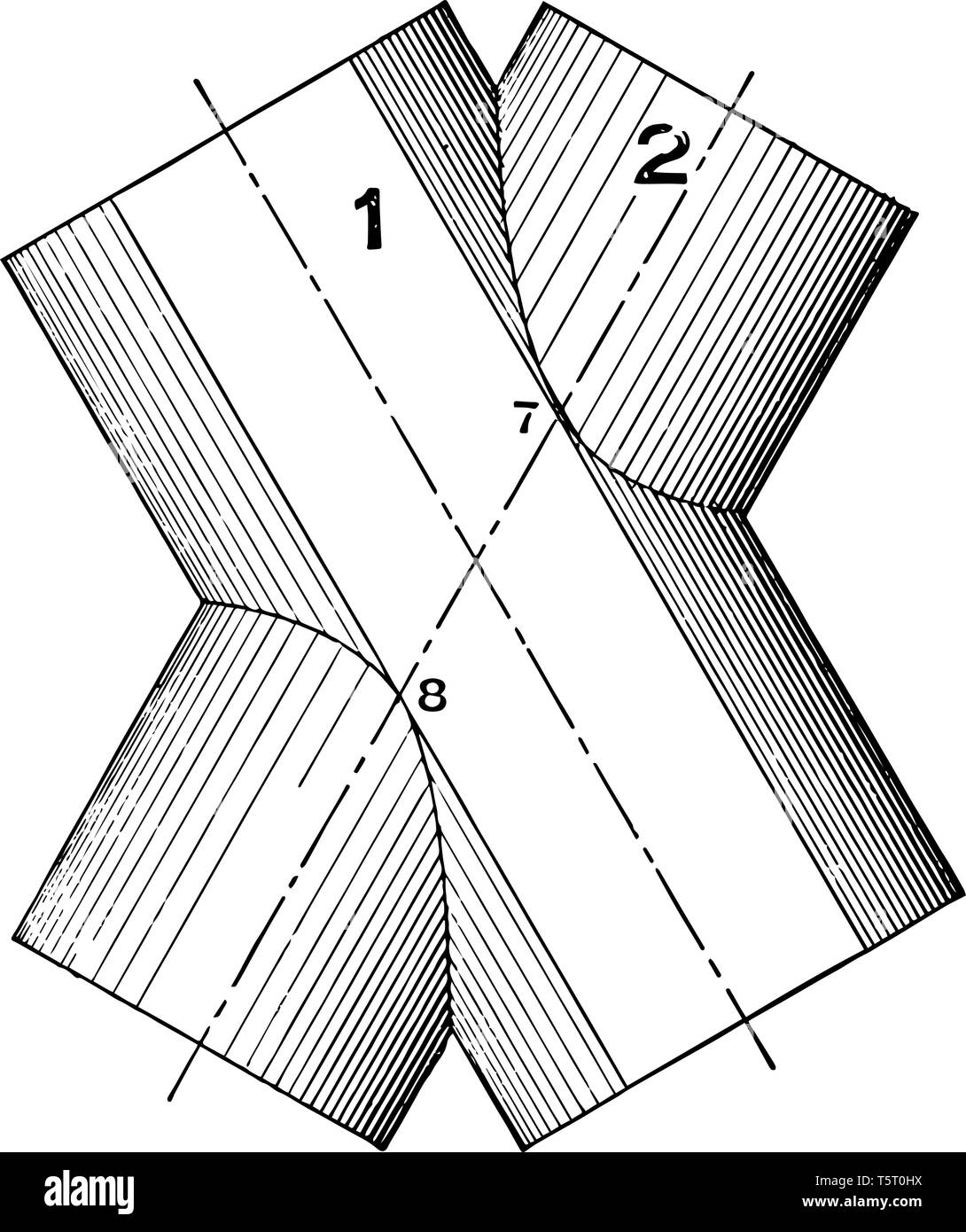 The image shows the Exterior View of the Auxiliary Planes of Two intersected Cylinders. There are two cylinders in a cylinder that cross each other an Stock Vector