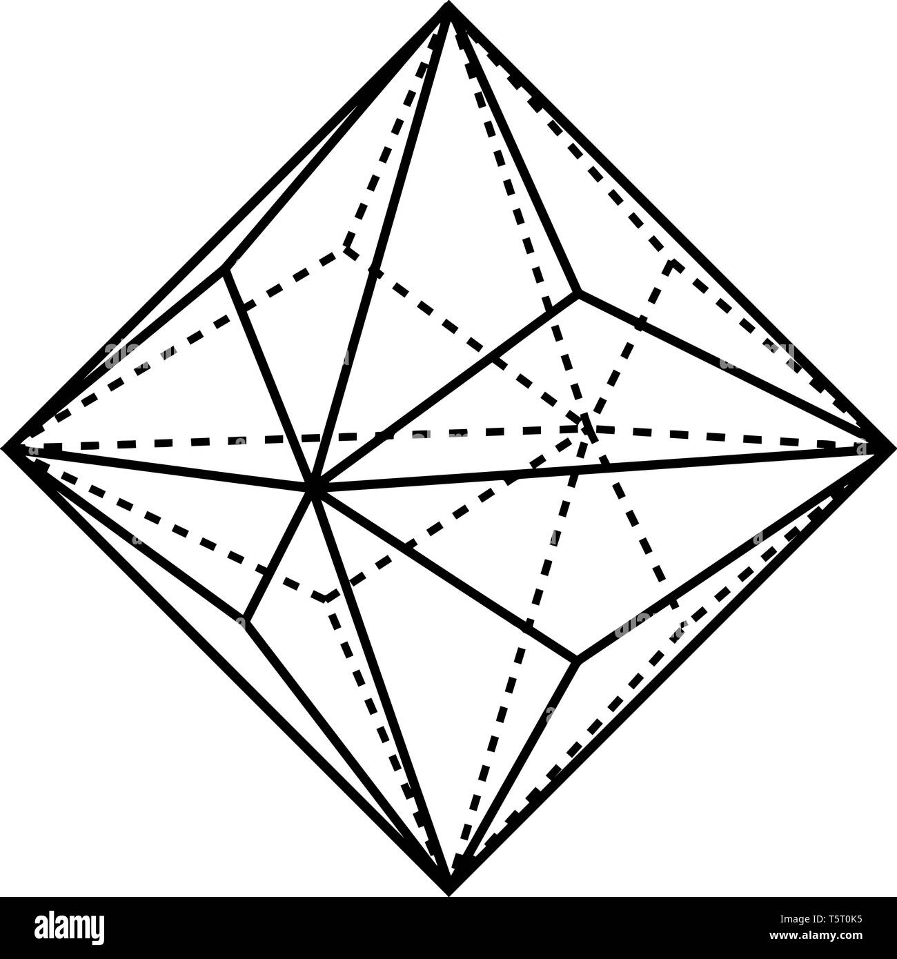 A twenty-four sided geometrical shape called Triakisoctahedron. It can be seen as an octahedron with triangular pyramids added to each face, vintage l Stock Vector