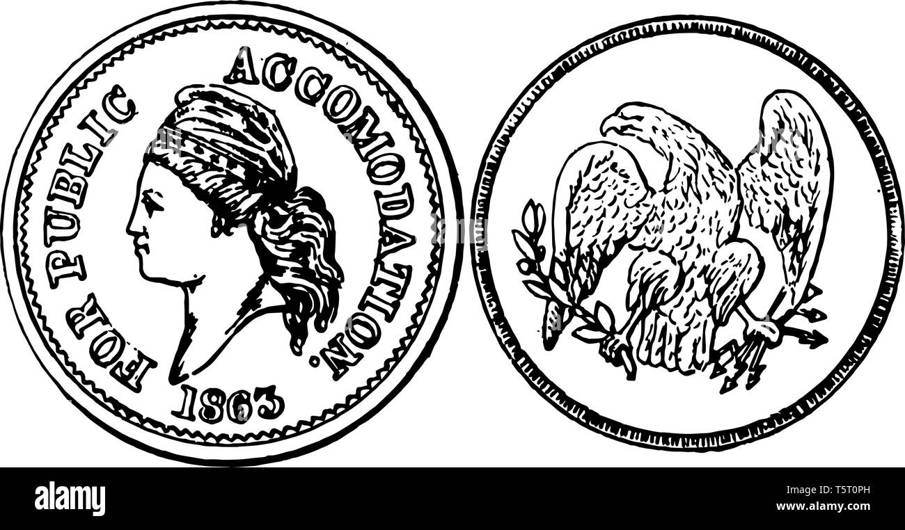 War Token shown in the picture is 1863 years old. Obverse has shown female head. Reverse shows the image of eagle, vintage line drawing or engraving i Stock Vector