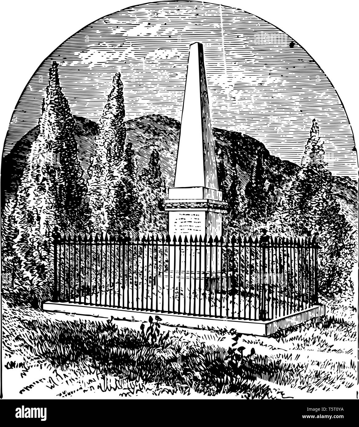 Wood's monument in honor of colonel Eleazer Derby Wood who died during the American civil war 1812 vintage line drawing. Stock Vector