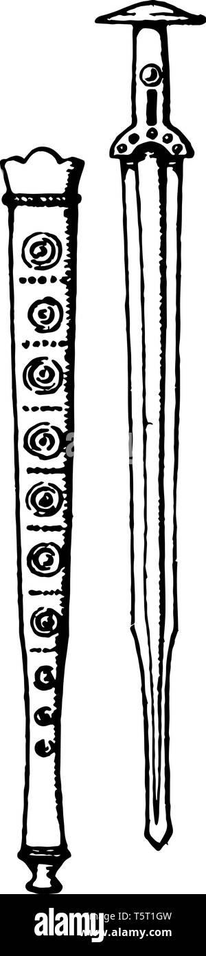 The image shows the Sword of the Bronze Age and the Pod. It is sword together with its socket or cover that is made of metal bronze, vintage line draw Stock Vector