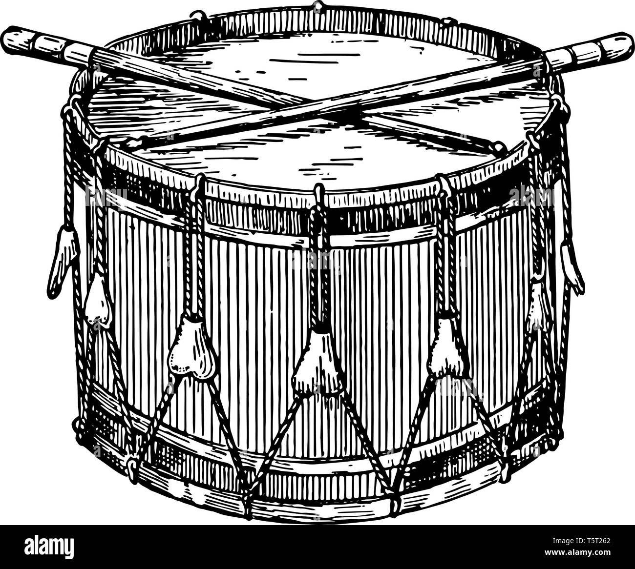 Snare Drum having two heads the upper one only being played upon by two  sticks of wood, vintage line drawing or engraving illustration Stock Vector  Image & Art - Alamy