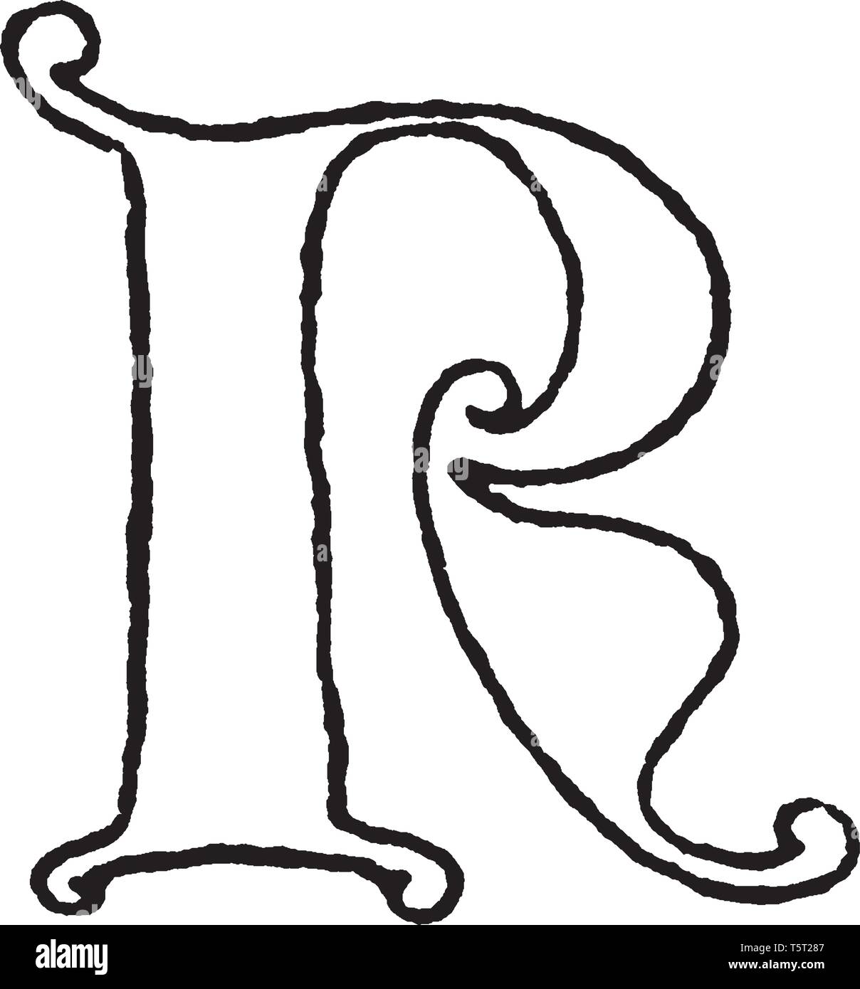 An old English letter R, vintage line drawing or engraving illustration ...